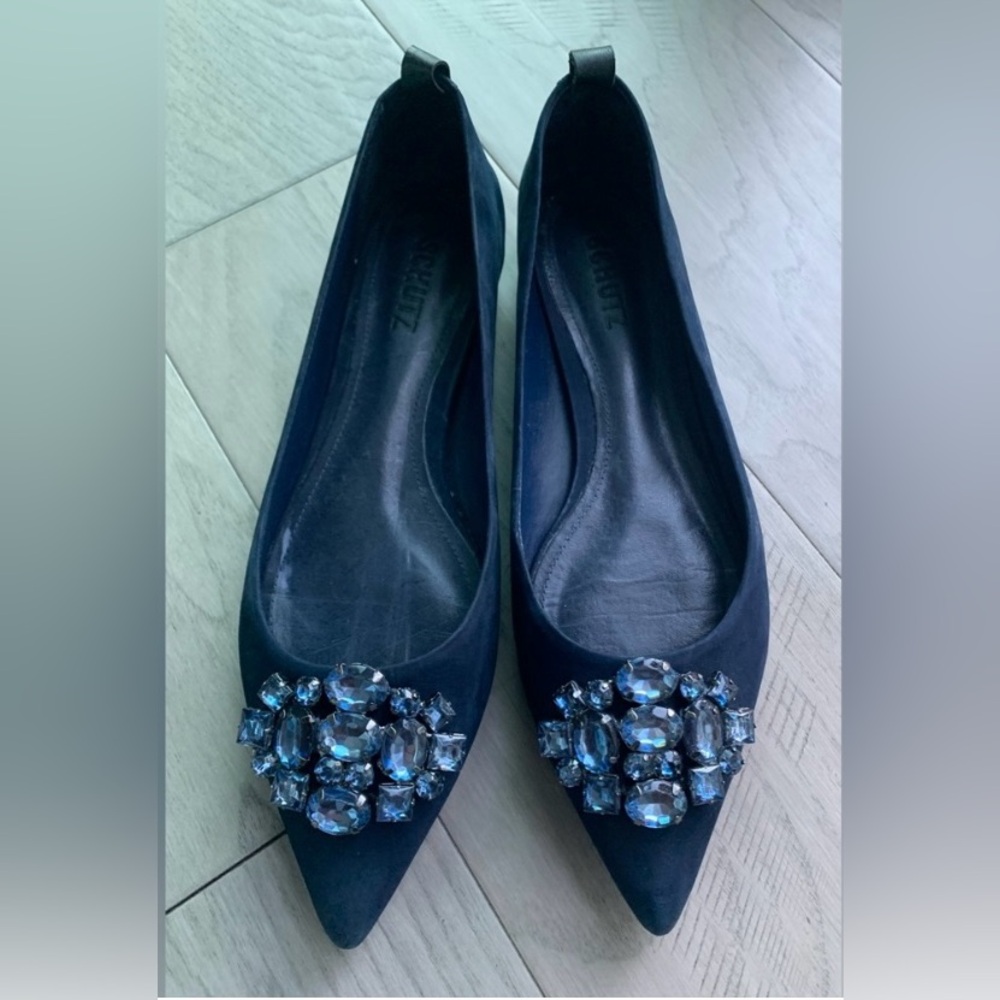 SCHUTZ Navy Blue 100% Leather & Jewel Embellishment Flats